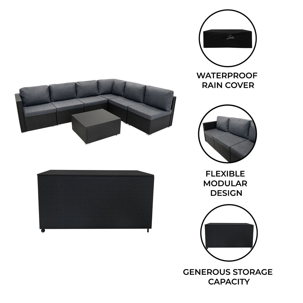 Rattan Modular 7 Piece Furniture Set & 996L Storage Box - Black