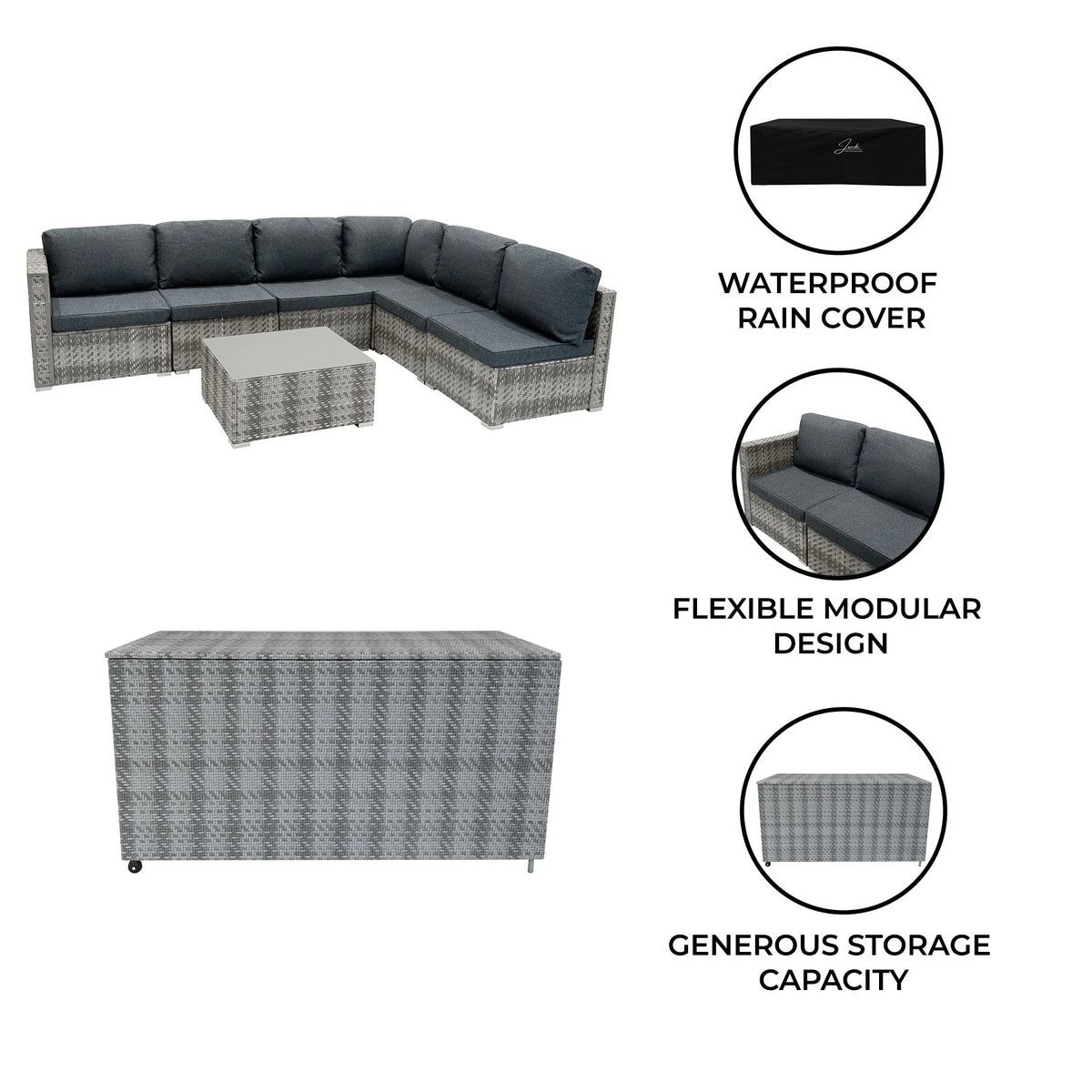 Rattan Modular 7 Piece Furniture Set & 700L Storage Box - Grey