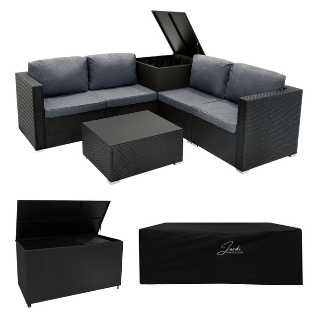 Rattan Modular 6 Piece Furniture Set & 700L Storage Box  Black