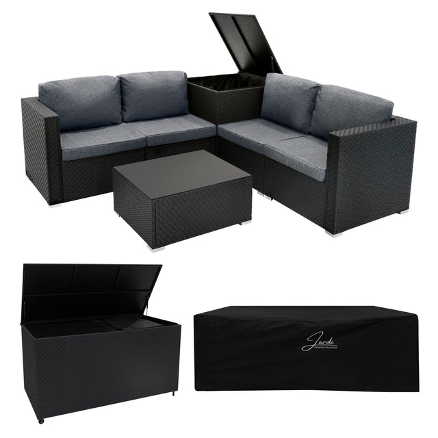Serafina Rattan Modular 6 Piece Furniture Set & 996L Storage Box – Black