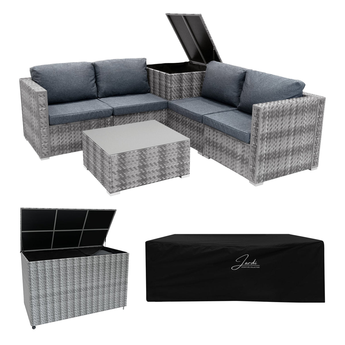 Marielle Rattan Modular 6 Piece Furniture Set & 700L Storage Box – Grey