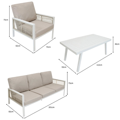 Aluminium 4 Piece Sofa Set with Black Rattan Storage Box - White