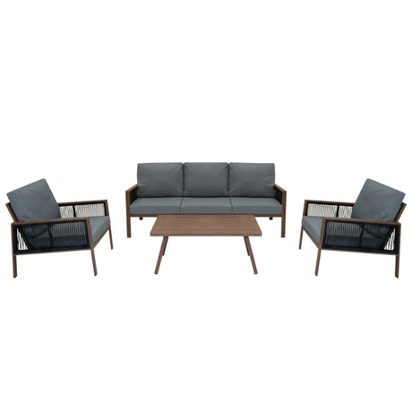 Aluminium 4 Piece Sofa Set with Black Rattan Storage Box - Wood Effect