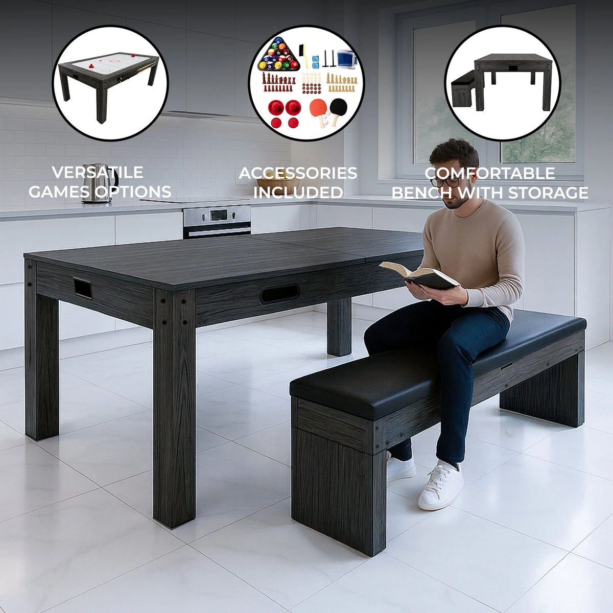 7-In-1 Games Table & Storage Bench - Grey