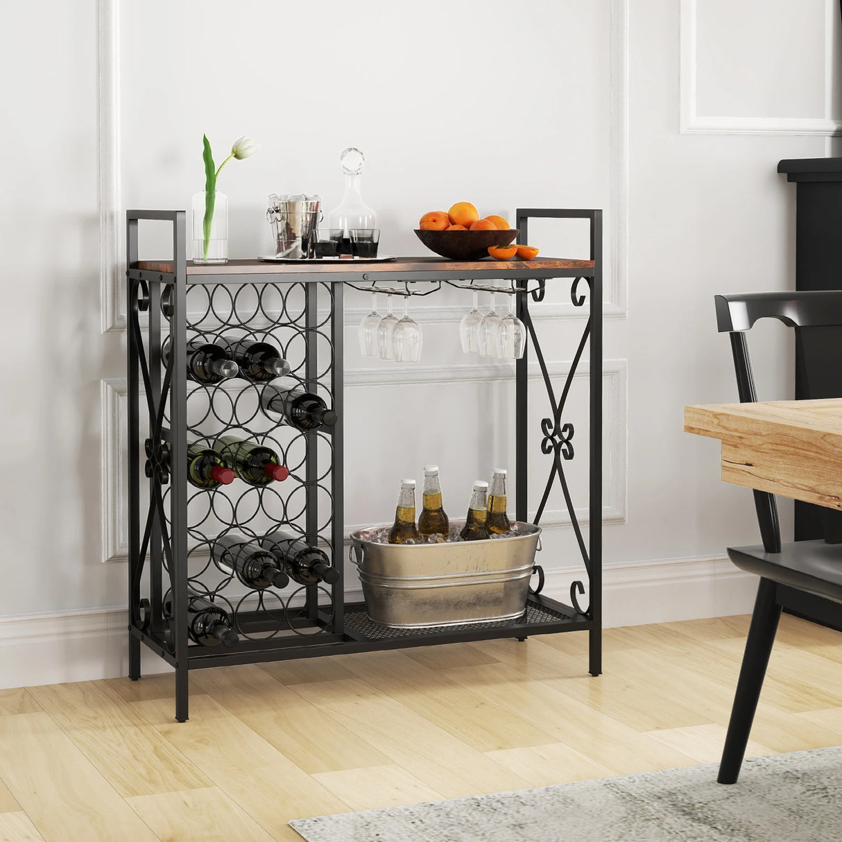 21 Bottle Wine Rack Freestanding Floor Wine Bottle Organizer with Glass Holder-Rustic Brown