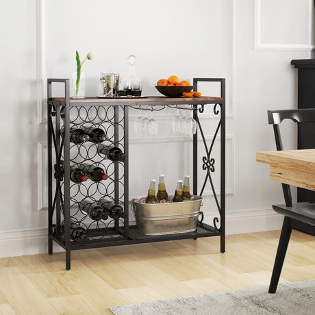 21 Bottle Wine Rack Freestanding Floor Wine Bottle Organizer with Glass Holder-Rustic Brown