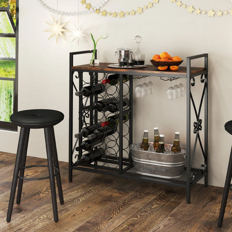 21 Bottle Wine Rack Freestanding Floor Wine Bottle Organizer with Glass Holder-Rustic Brown
