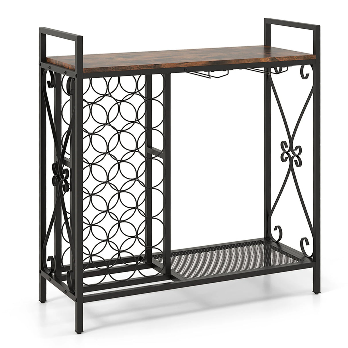 21 Bottle Wine Rack Freestanding Floor Wine Bottle Organizer with Glass Holder-Rustic Brown