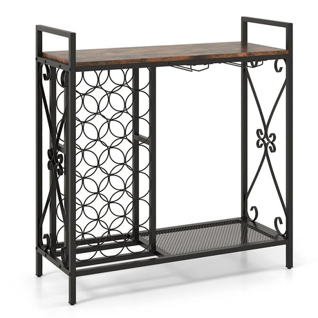21 Bottle Wine Rack Freestanding Floor Wine Bottle Organizer with Glass Holder-Rustic Brown