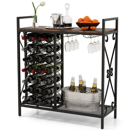 21 Bottle Wine Rack Freestanding Floor Wine Bottle Organizer with Glass Holder-Rustic Brown