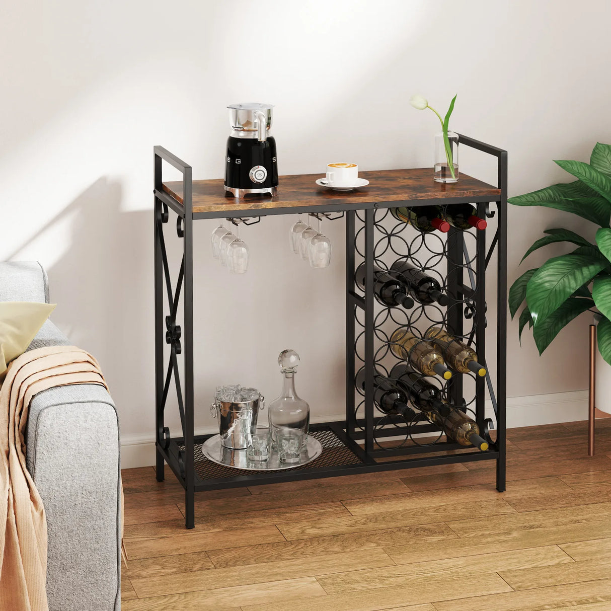 21 Bottle Wine Rack Freestanding Floor Wine Bottle Organizer with Glass Holder-Rustic Brown