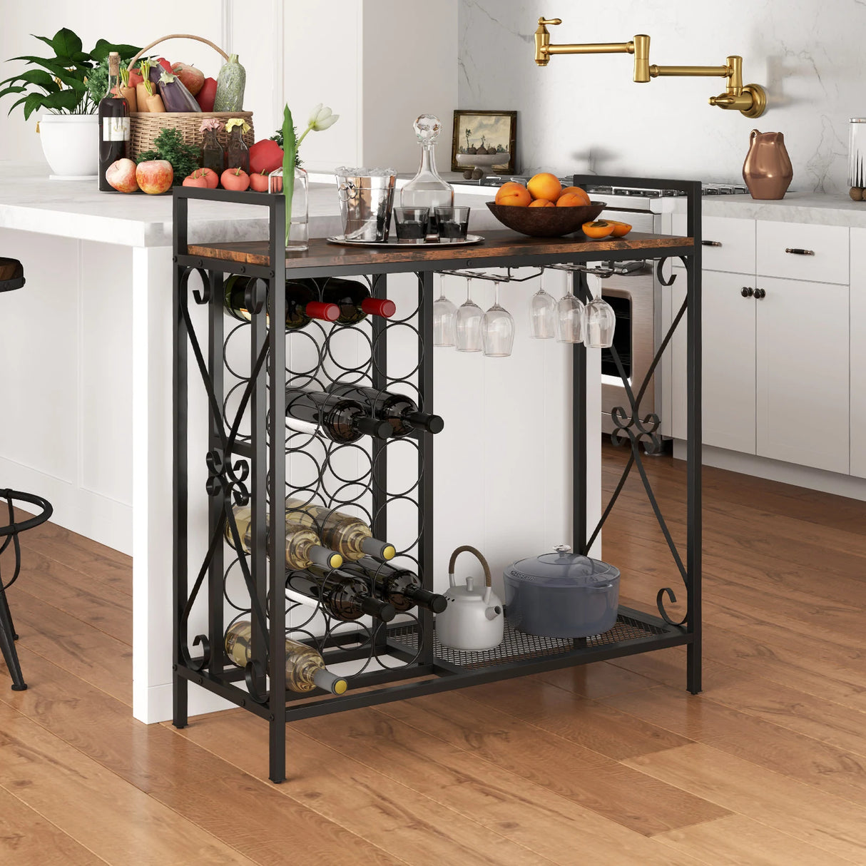 21 Bottle Wine Rack Freestanding Floor Wine Bottle Organizer with Glass Holder-Rustic Brown