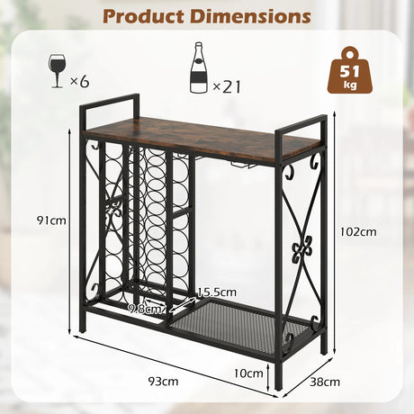 21 Bottle Wine Rack Freestanding Floor Wine Bottle Organizer with Glass Holder-Rustic Brown
