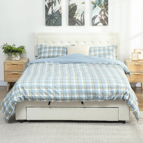 HOMCOM King Size Ottoman Bed Frame, with Front Drawer - Cream