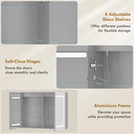 HOMCOM Mirrored Bathroom Cabinet with LED Lights, 60 x 80 cm Bathroom Mirror Cabinet with Anti-Fog, 3 Colour Dimmable Lighting