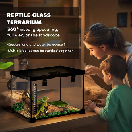 PawHut Glass Reptile Terrarium Insect Breeding Tank Vivarium Habitats with Thermometer for Lizards, Horned Frogs, Snakes, Spiders - Small 30 x 30 x 20cm