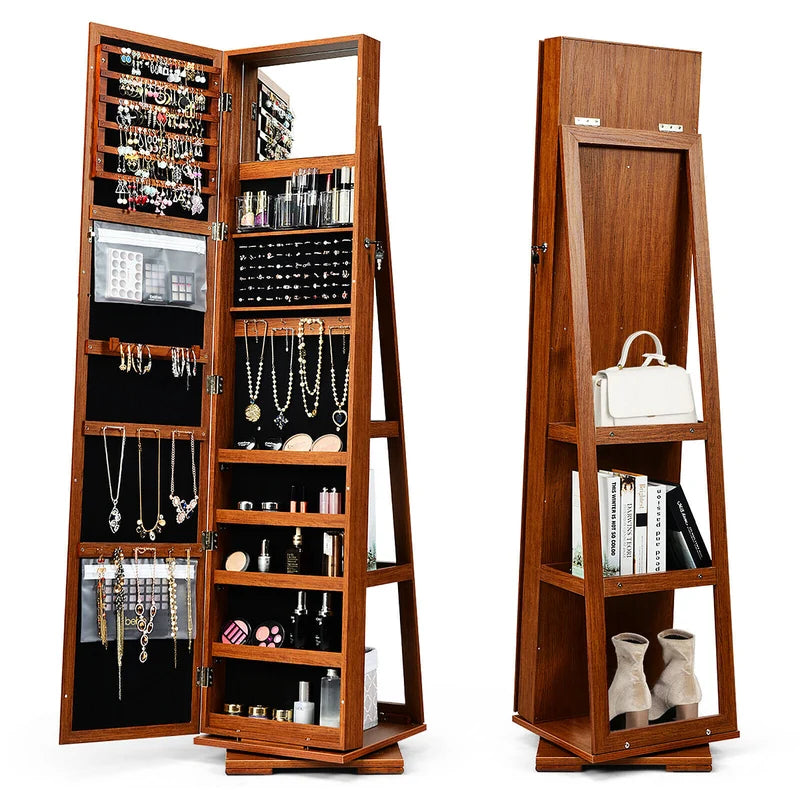 Full Length Mirrored Jewellery Cabinet Rotates 360 with Open Display Shelves-Brown