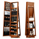 Full Length Mirrored Jewellery Cabinet Rotates 360 with Open Display Shelves-Brown
