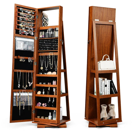 Full Length Mirrored Jewellery Cabinet Rotates 360 with Open Display Shelves-Brown