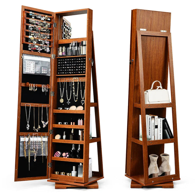 Full Length Mirrored Jewellery Cabinet Rotates 360 with Open Display Shelves-Brown