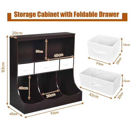 Freestanding Combo Cubby Bin Storage Organizer Unit W/3 Baskets-Brown