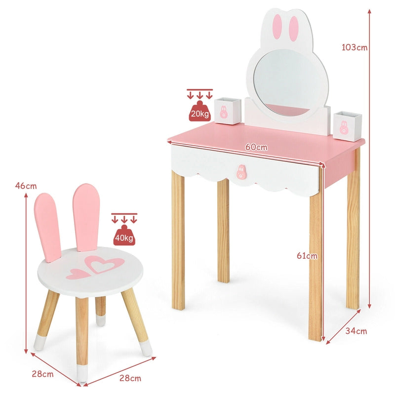 Kids Vanity Table and Chair Pretend Play with Mirror and Drawers-Pink