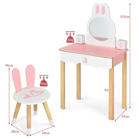 Kids Vanity Table and Chair Pretend Play with Mirror and Drawers-Pink