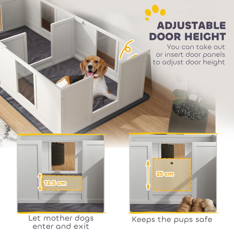 PawHut Two Room Design, Whelping Box for Dogs with Whelping Pad, Clear Panels, Adjustable Entrance, for Medium Dogs, 196 x 96cm