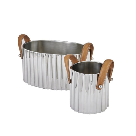 Large Silver Fluted Leather Handled Champagne Cooler