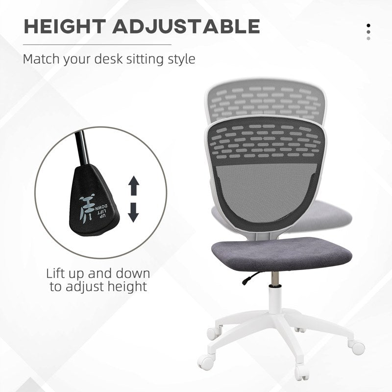 Vinsetto Armless Desk Chair, Mesh Office Chair, Height Adjustable with Swivel Wheels, Grey