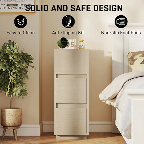 HOMCOM Slim Bedside Table, Narrow Bedside Cabinet with Open Shelf and 2 Drawers for Bedroom, Living Room, Natural Wood Finish