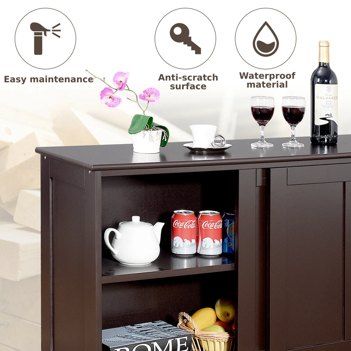 Freestanding Storage Cabinet with Sliding Door for Kitchen-Brown