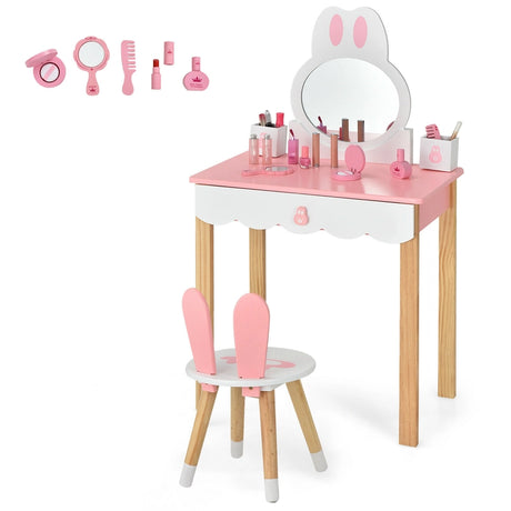 Kids Vanity Table and Chair Pretend Play with Mirror and Drawers-Pink