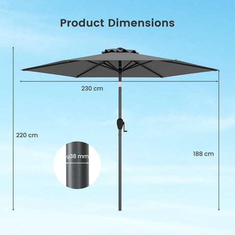 Parasol 230 cm garden umbrella with crank, can be folded 35 on both sides, patio umbrella with 6 ribs, grey