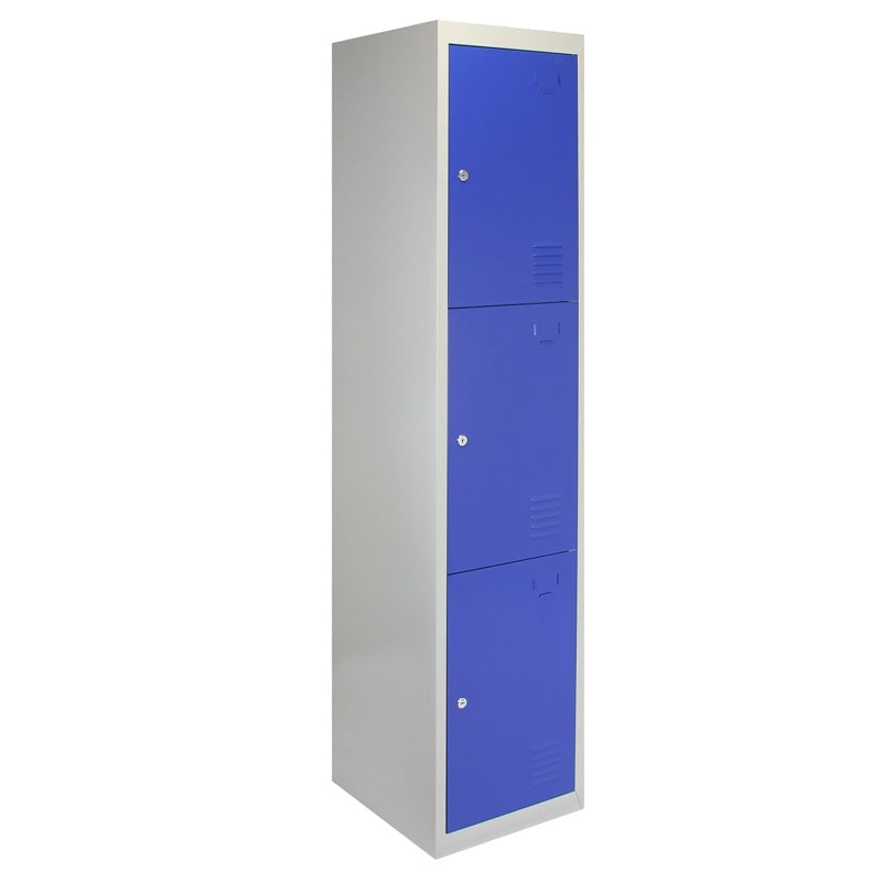 3 x Metal Storage Lockers - Three Doors, Blue - Flatpack