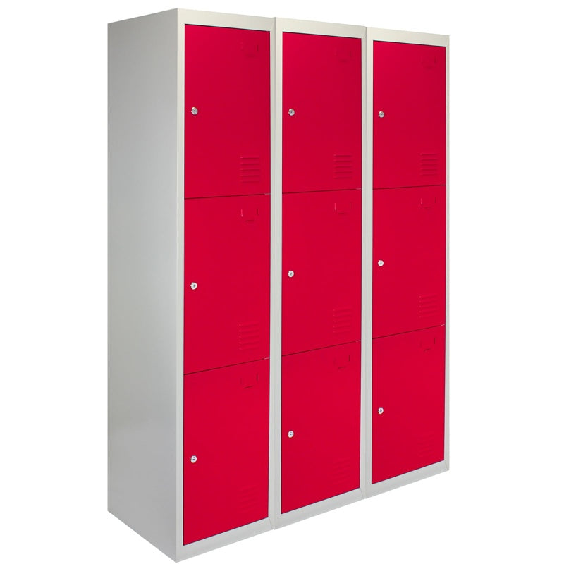 3 x Metal Storage Lockers - Three Doors, Red - Flatpack