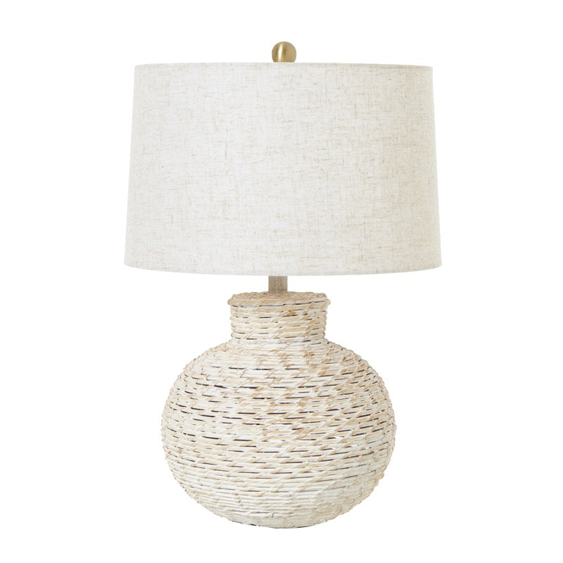 White Wash Bulbous Wicker Table Lamp With Linen Shade