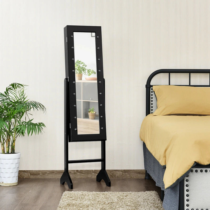 Mirrored Jewelry Cabinet Armoire Organizer w/ LED lights-Black
