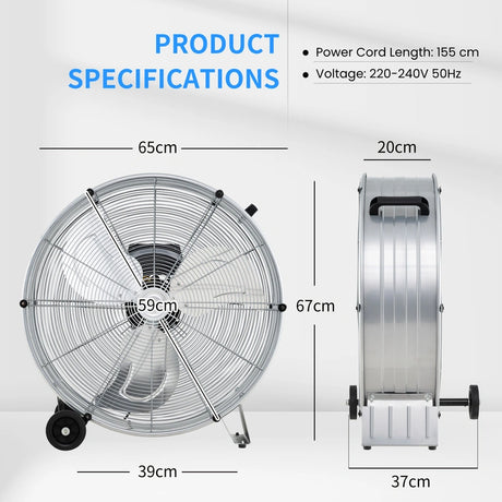 24 Inch High-Velocity Industrial Floor Fan with Wheels and Handle-Silver