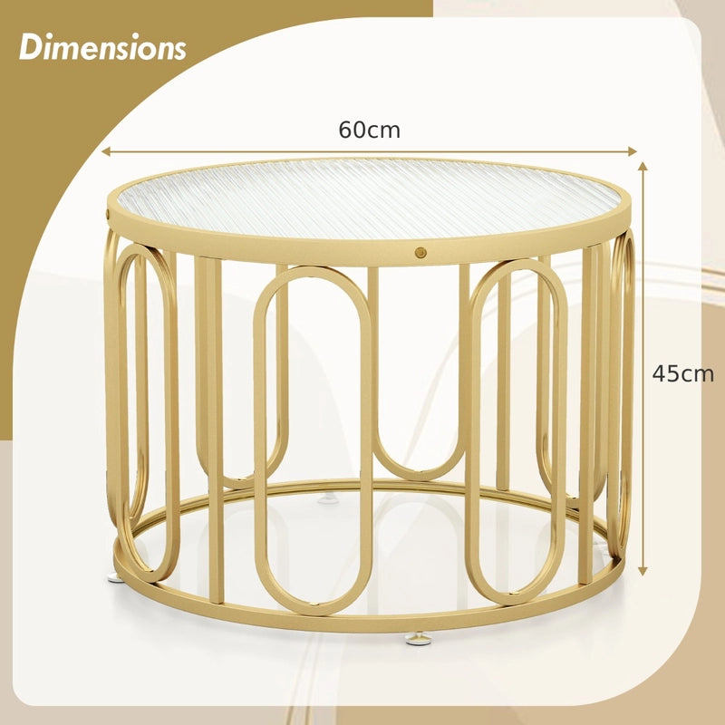 24 Inch Round Coffee Table with Reeded Tempered Glass Top and Oval Swivel Brackets-Golden