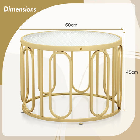24 Inch Round Coffee Table with Reeded Tempered Glass Top and Oval Swivel Brackets-Golden