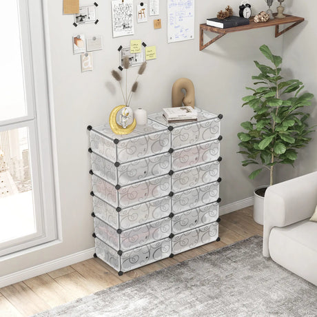 12-Cube DIY Portable Plastic Shoe Rack with Transparent Doors-White