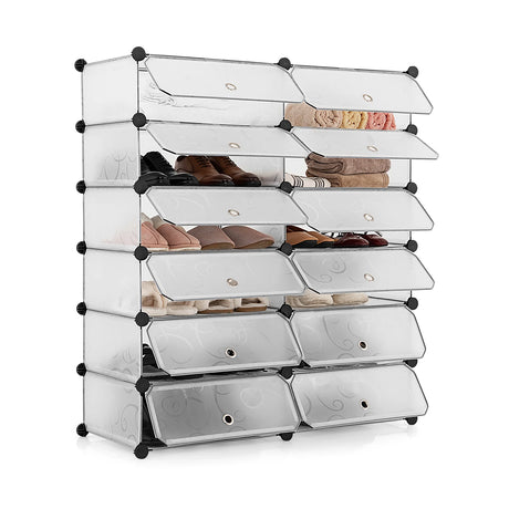 12-Cube DIY Portable Plastic Shoe Rack with Transparent Doors-White
