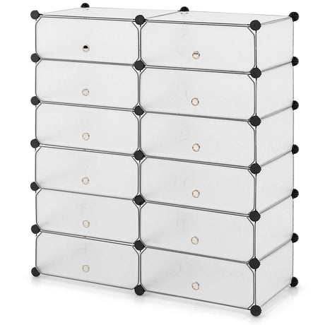 12-Cube DIY Portable Plastic Shoe Rack with Transparent Doors-White
