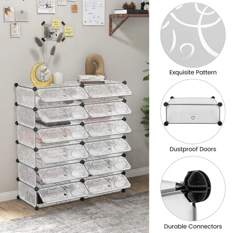 12-Cube DIY Portable Plastic Shoe Rack with Transparent Doors-White