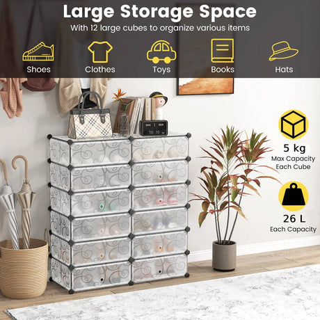 12-Cube DIY Portable Plastic Shoe Rack with Transparent Doors-White