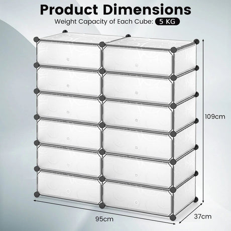 12-Cube DIY Portable Plastic Shoe Rack with Transparent Doors-White
