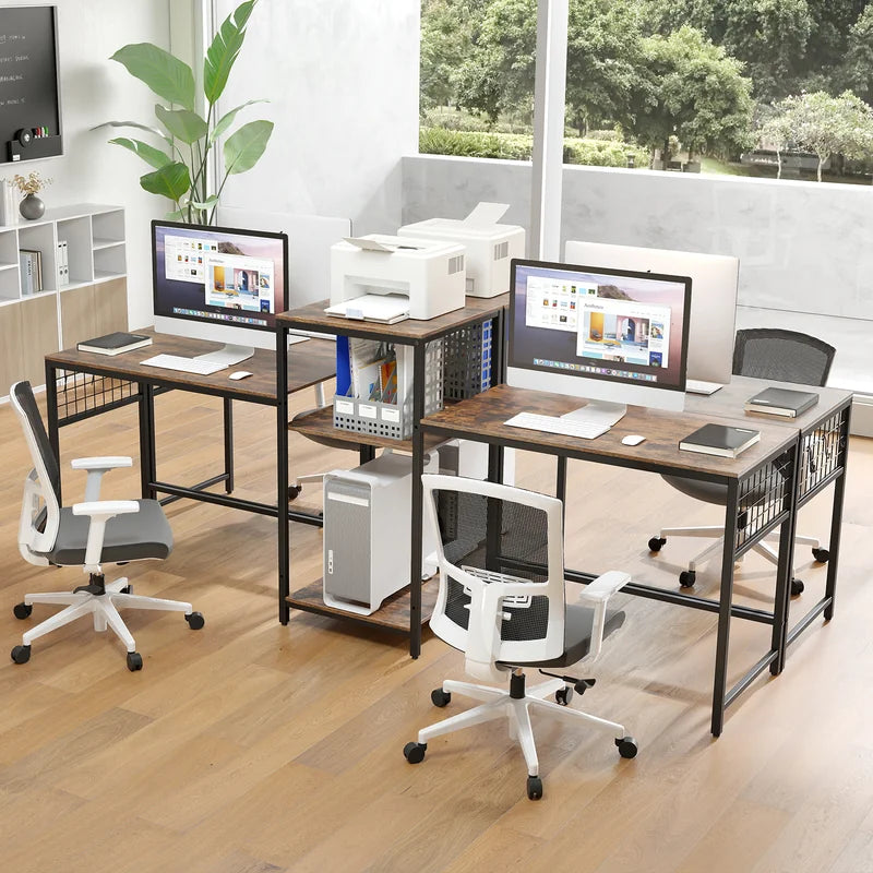 240 cm Long Convertible 2-Person Desk with Printer Stand and Adjustable Shelf-Rustic Brown