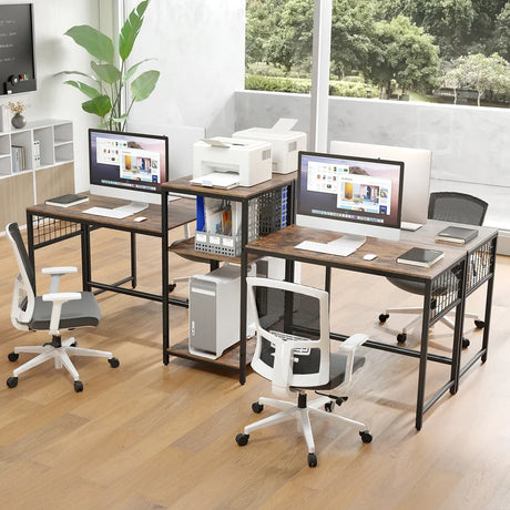240 cm Long Convertible 2-Person Desk with Printer Stand and Adjustable Shelf-Rustic Brown