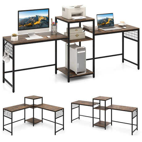 240 cm Long Convertible 2-Person Desk with Printer Stand and Adjustable Shelf-Rustic Brown
